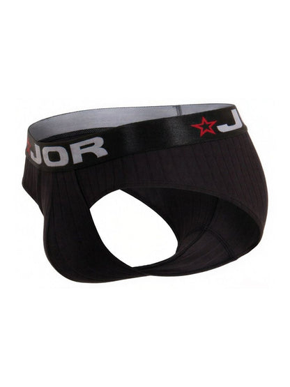 Black jor 2331 cronos briefs with a gray waistband featuring white lettering and a red star logo
