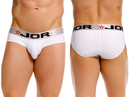 White jor 2331 cronos men’s briefs with silver waistband featuring black lettering and red star logos