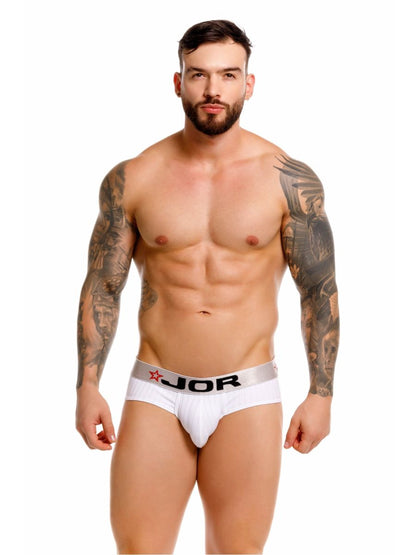 White jor 2331 cronos briefs featuring a silver waistband with black lettering and red star logo