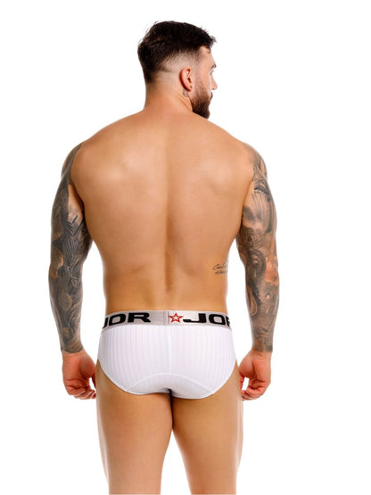 White jor 2331 Cronos briefs with black elastic waistband featuring jor logo and red star emblem