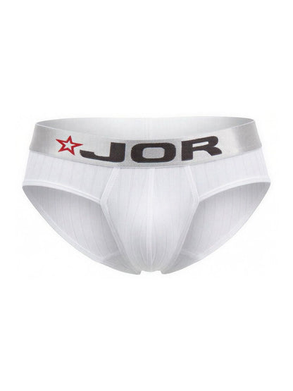 White jor 2331 cronos men’s briefs with silver waistband featuring brand name and red star logo
