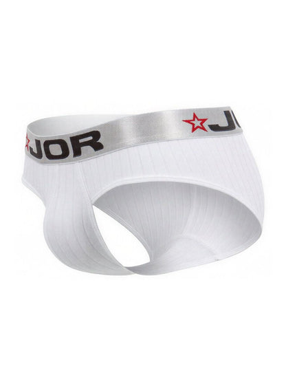 White jor 2331 cronos briefs with silver waistband featuring black lettering and red star logo