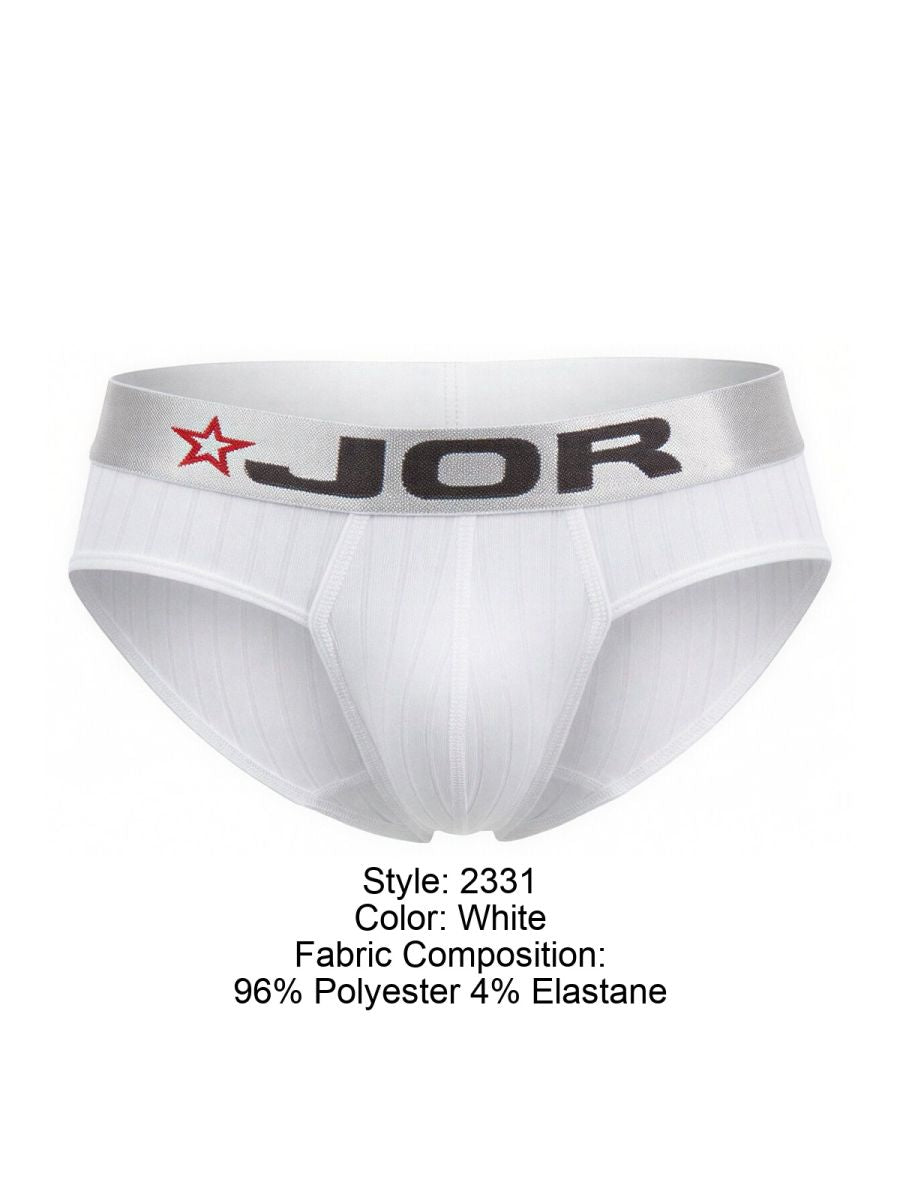 White jor 2331 Cronos briefs with gray waistband featuring black jor logo and red star emblem in cotton blend material