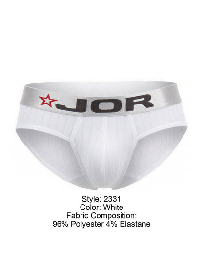 White jor 2331 Cronos briefs with gray waistband featuring black jor logo and red star emblem in cotton blend material
