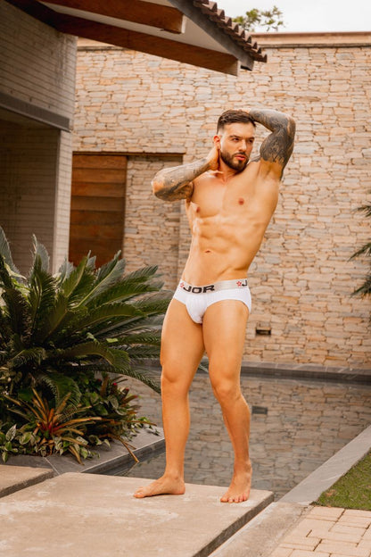 White jor 2331 cronos briefs featuring white branded fabric with a subtle logo on the waistband front view
