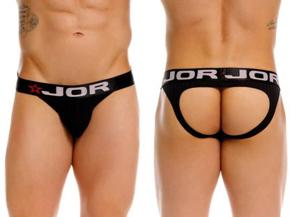 Black jor 2332 cronos jockstrap thong with white lettering and red star on front waistband