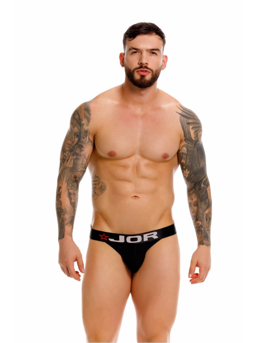 Black jor 2332 cronos jockstrap briefs with white logo and red star detail on waistband front view