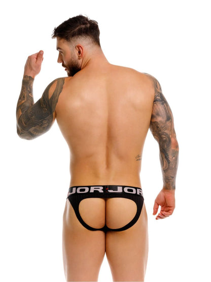 Black jor 2332 cronos jockstrap featuring bold white jor logo on waistband for sporty comfort and support
