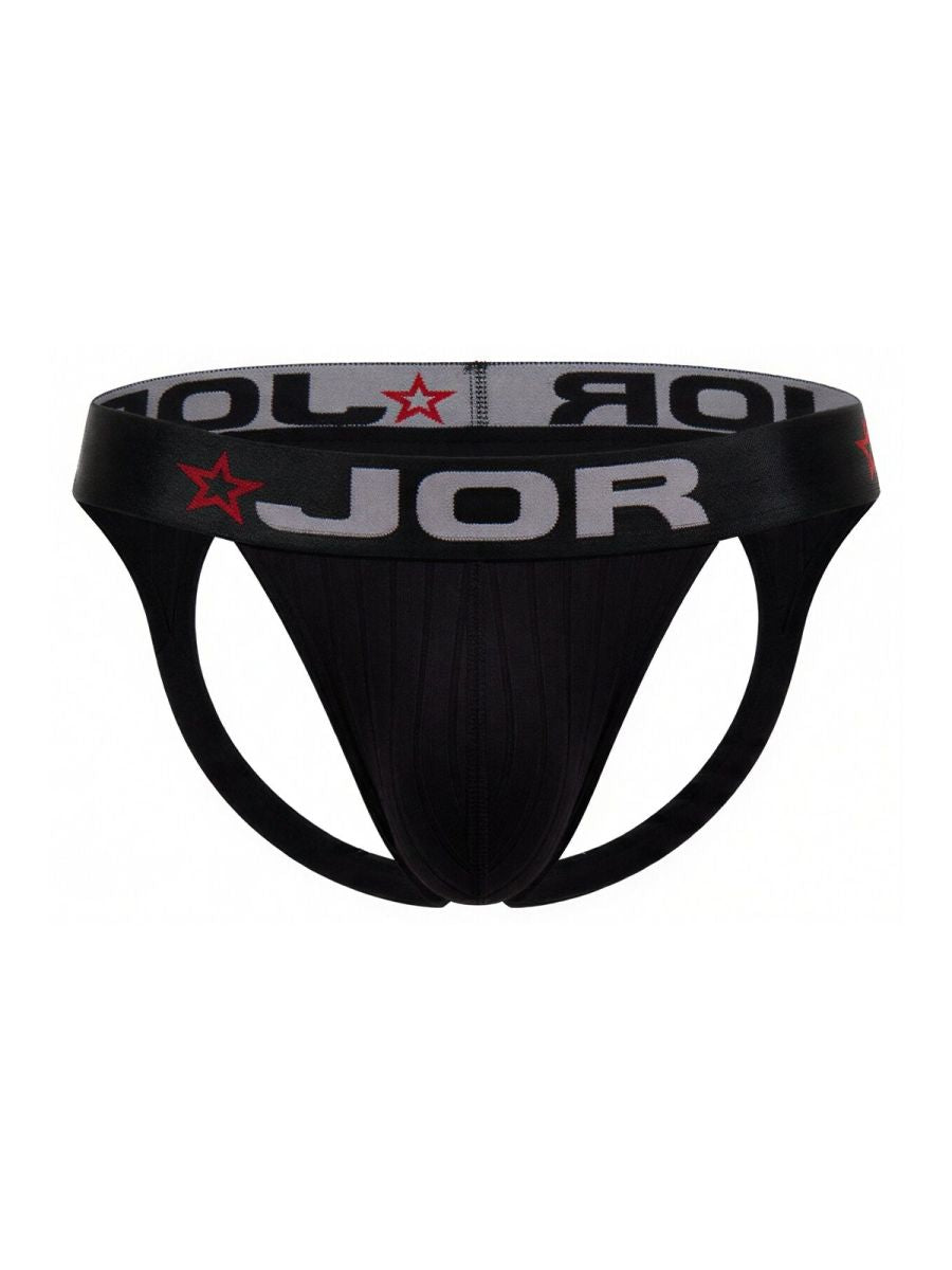 Black jor 2332 cronos jockstrap briefs with gray waistband and red star logos featuring bold white lettering