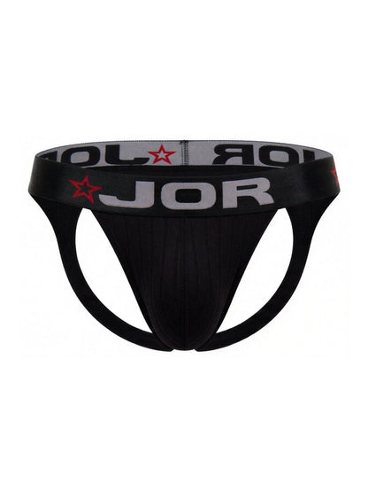 Black jor 2332 cronos jockstrap briefs with gray waistband and red star logos featuring bold white lettering
