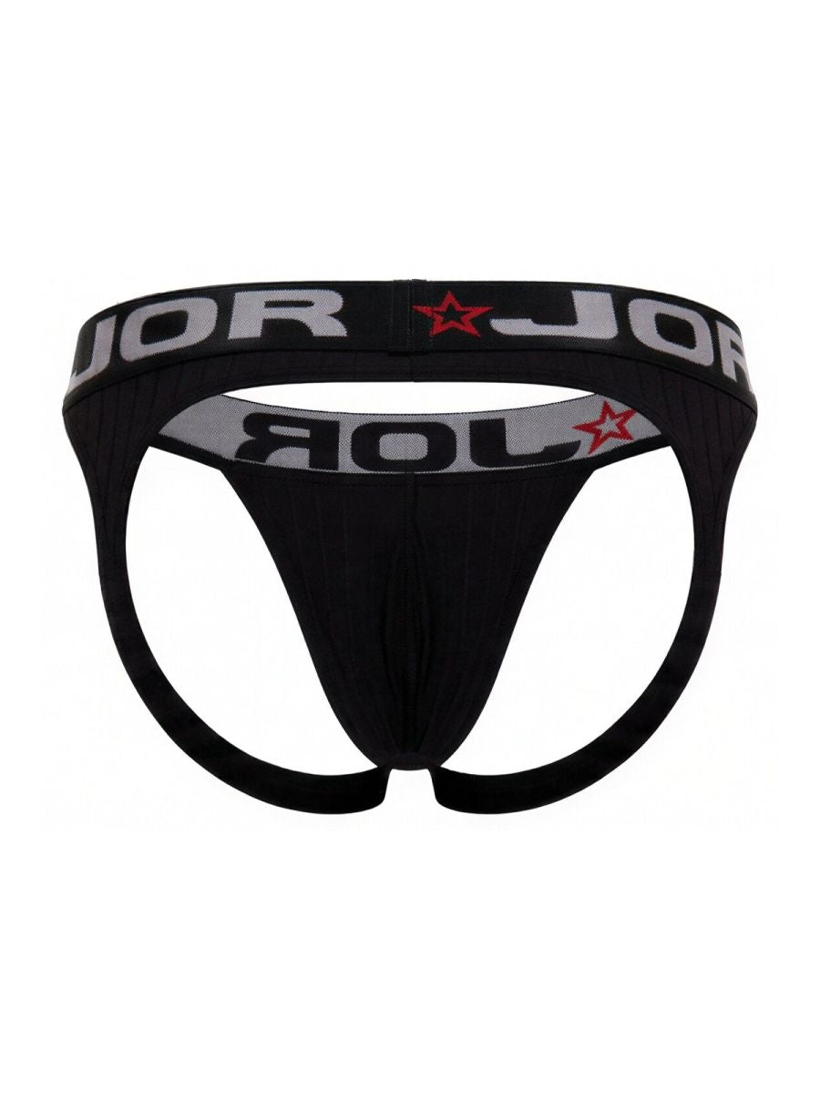 Black jor 2332 cronos jockstrap briefs with gray waistband featuring jor logo and red star accents visible from front