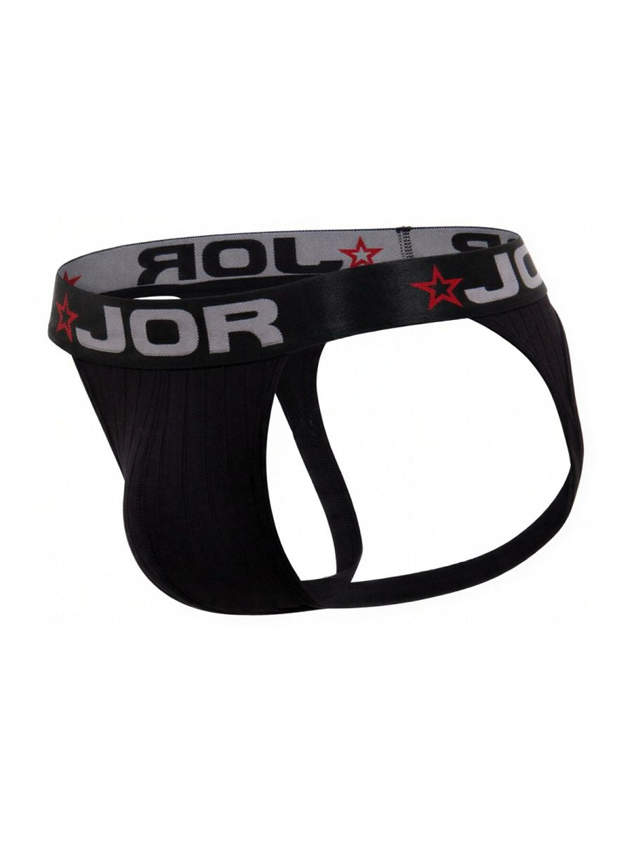 Black jor 2332 cronos jockstrap briefs with gray waistband featuring red stars and white lettering