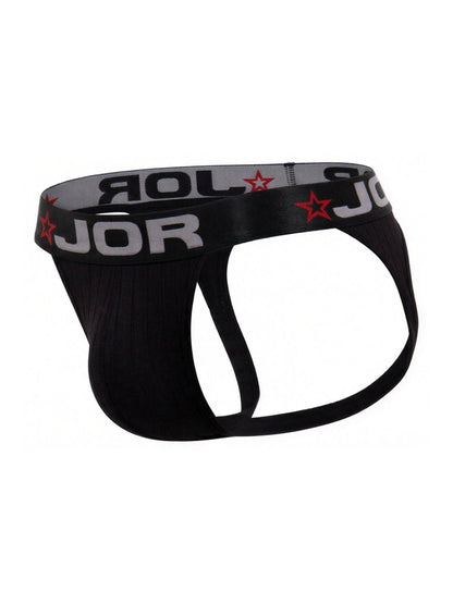 Black jor 2332 cronos jockstrap briefs with gray waistband featuring red stars and white lettering
