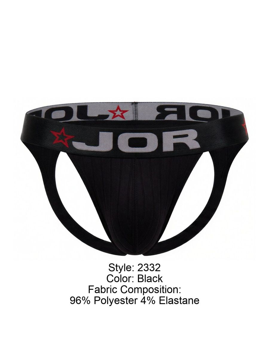 Black jor 2332 cronos jockstrap briefs with elastic waistband and bold white jor logo accented by red stars