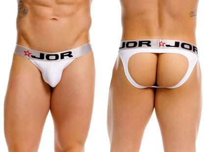 White jor 2332 cronos jockstrap briefs with silver waistband black lettering and red star logo in white color