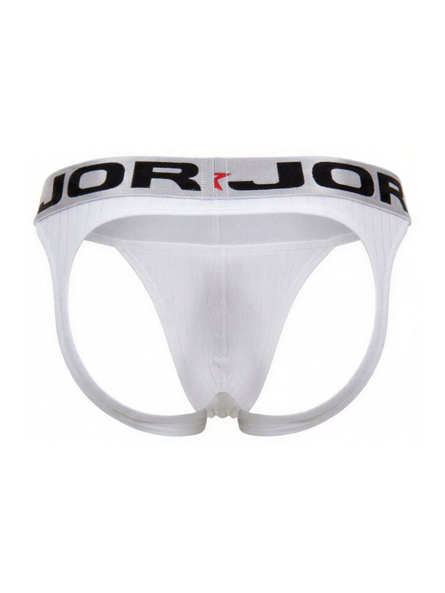 White jor 2332 cronos jockstrap briefs with black and red logo band showcasing front side design