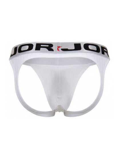 White jor 2332 cronos jockstrap briefs with black and red logo band showcasing front side design