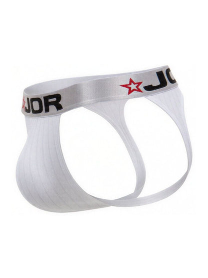 White jor 2332 cronos jockstrap briefs with silver waistband black lettering and red star logo