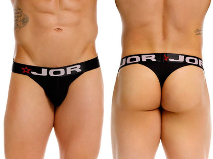 Black jor 2333 cronos thong with white lettering and red star logo on waistband showing front view