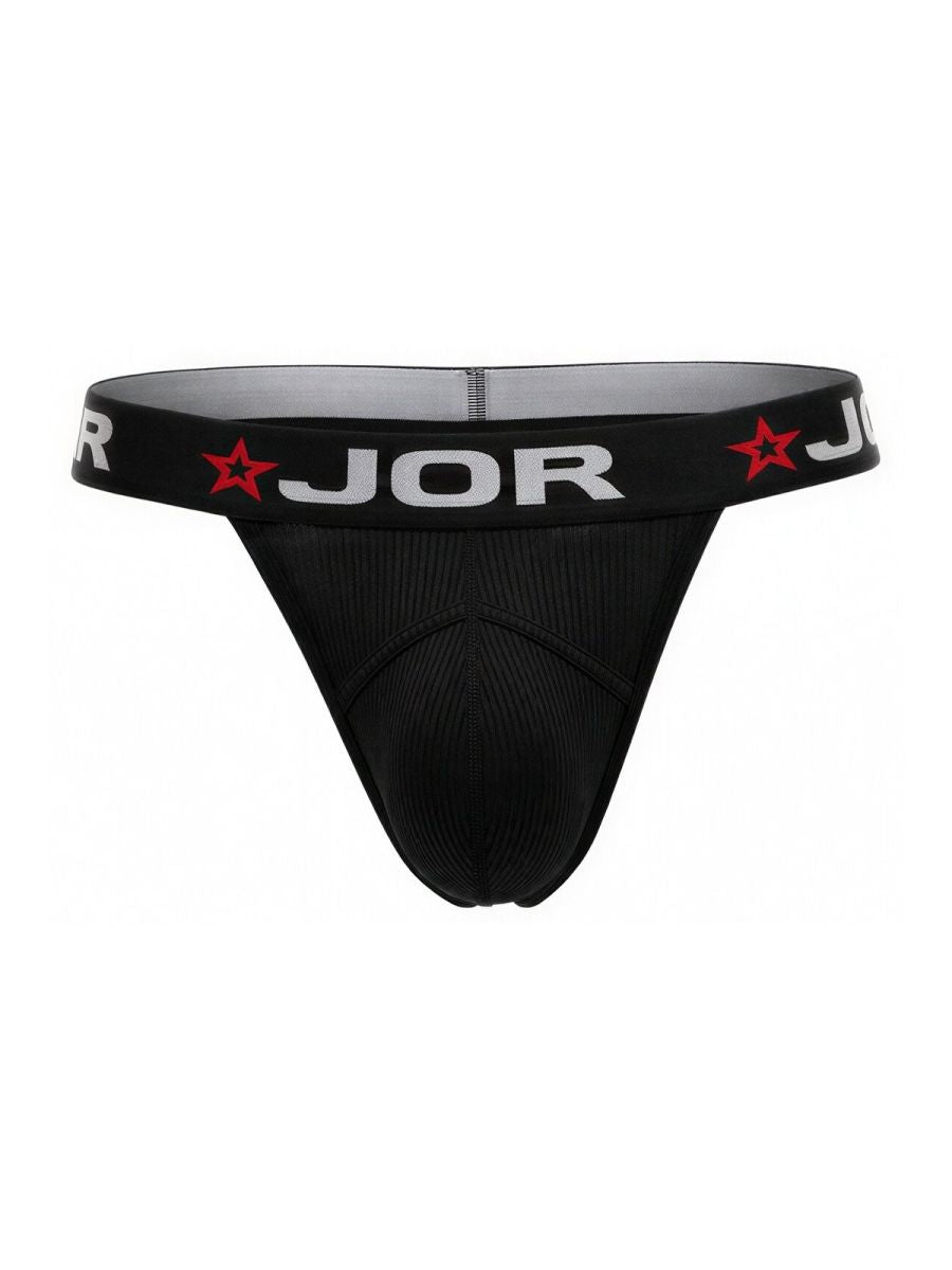 Black jor 2333 cronos thong with textured fabric and red star logos on the waistband front view