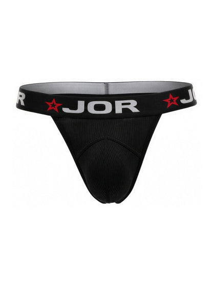 Black jor 2333 cronos thong with textured fabric and red star logos on the waistband front view