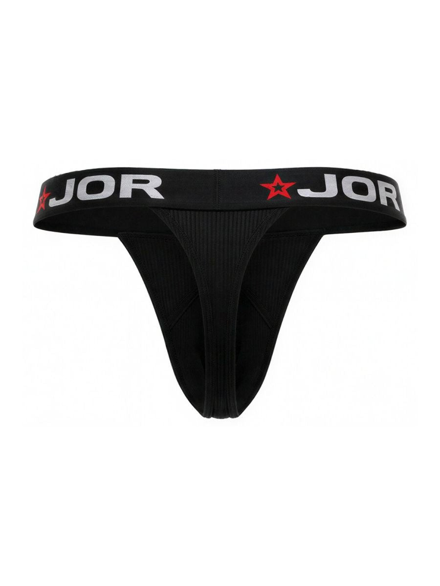 Black jor 2333 cronos thong with white lettering and red star logos on the waistband displayed front side