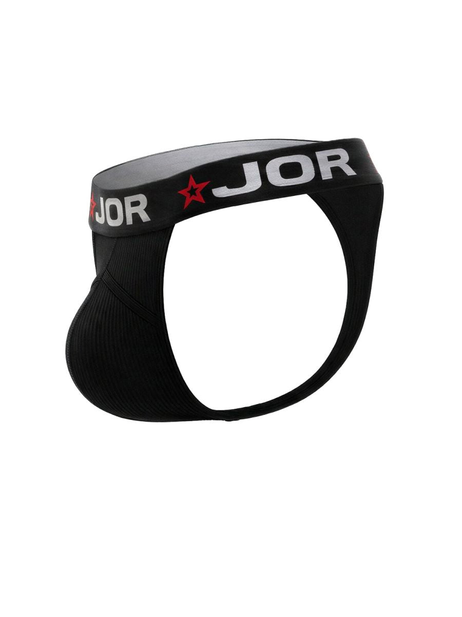 Black jor 2333 cronos briefs with ribbed texture and white lettering accented by red stars on the waistband