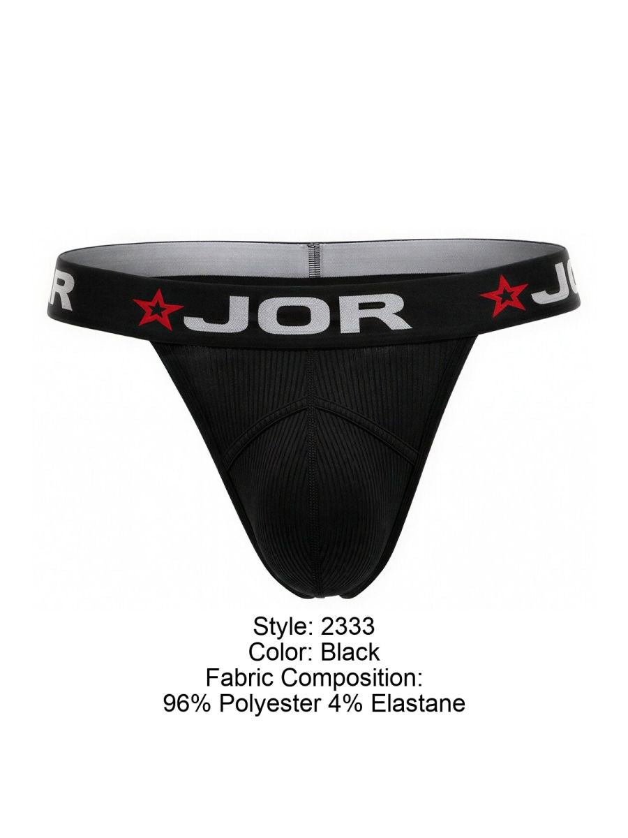 Black jor 2333 cronos thong with textured fabric and red star logo on waistband showing front side details