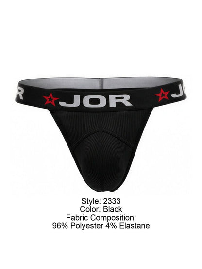 Black jor 2333 cronos thong with textured fabric and red star logo on waistband showing front side details