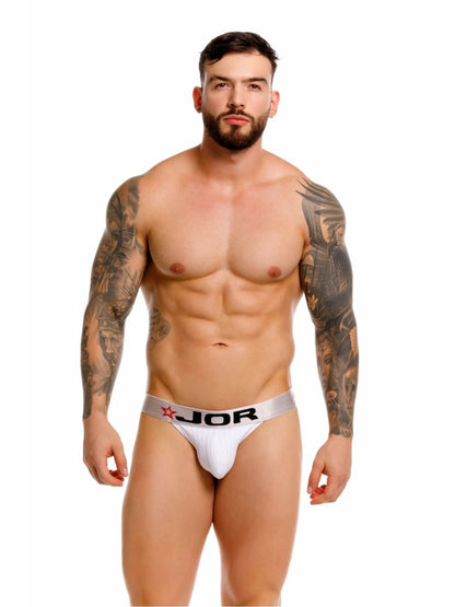 White jor 2333 cronos thongs with silver waistband, black lettering, and red star logo in white breathable fabric