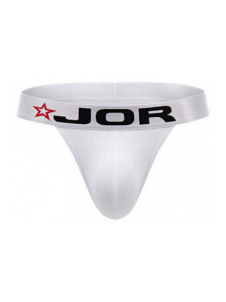 White JOR 2333 cronos thong with a black logo and red star on the waistband in front view