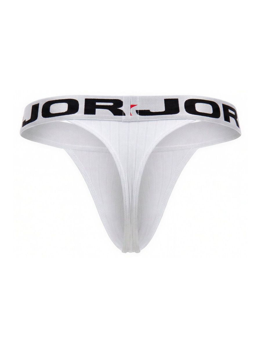 White jorjor brand thong with black lettering on waistband showing front design in jor 2333 cronos thongs color white