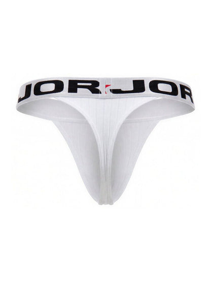 White jorjor brand thong with black lettering on waistband showing front design in jor 2333 cronos thongs color white