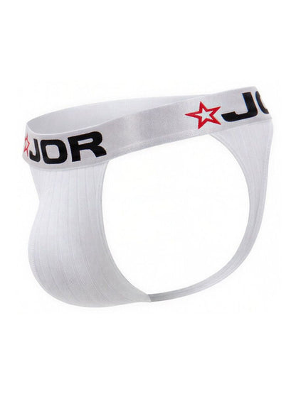 White JOR 2333 Cronos briefs with black lettering and red star logo on the waistband in a thong style