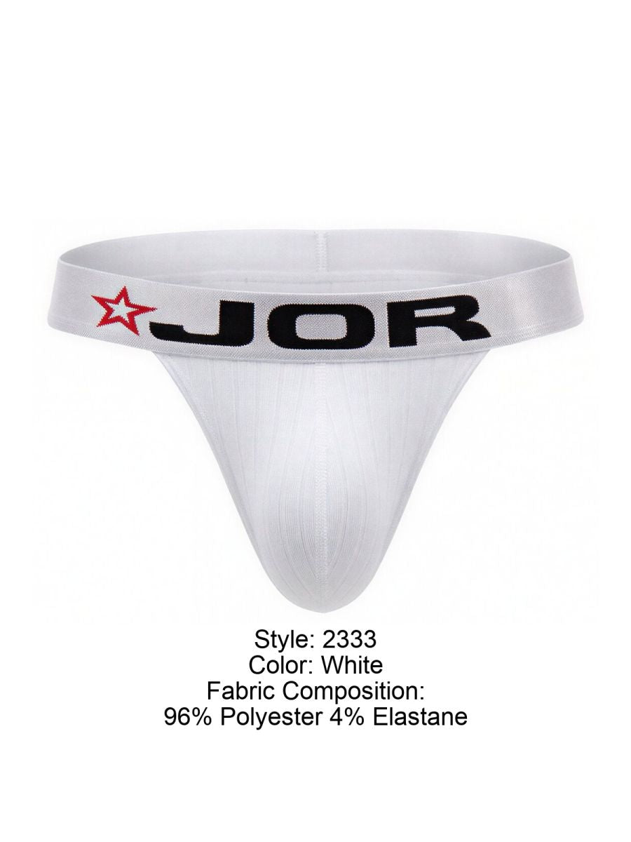 White JOR 2333 Cronos thong in smooth stretchy fabric with red star logo on waistband, front view