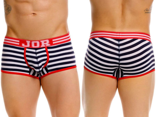 Jor 2334 santorini trunks color stripes navy and white striped boxer briefs with red trim and jor logo waistband