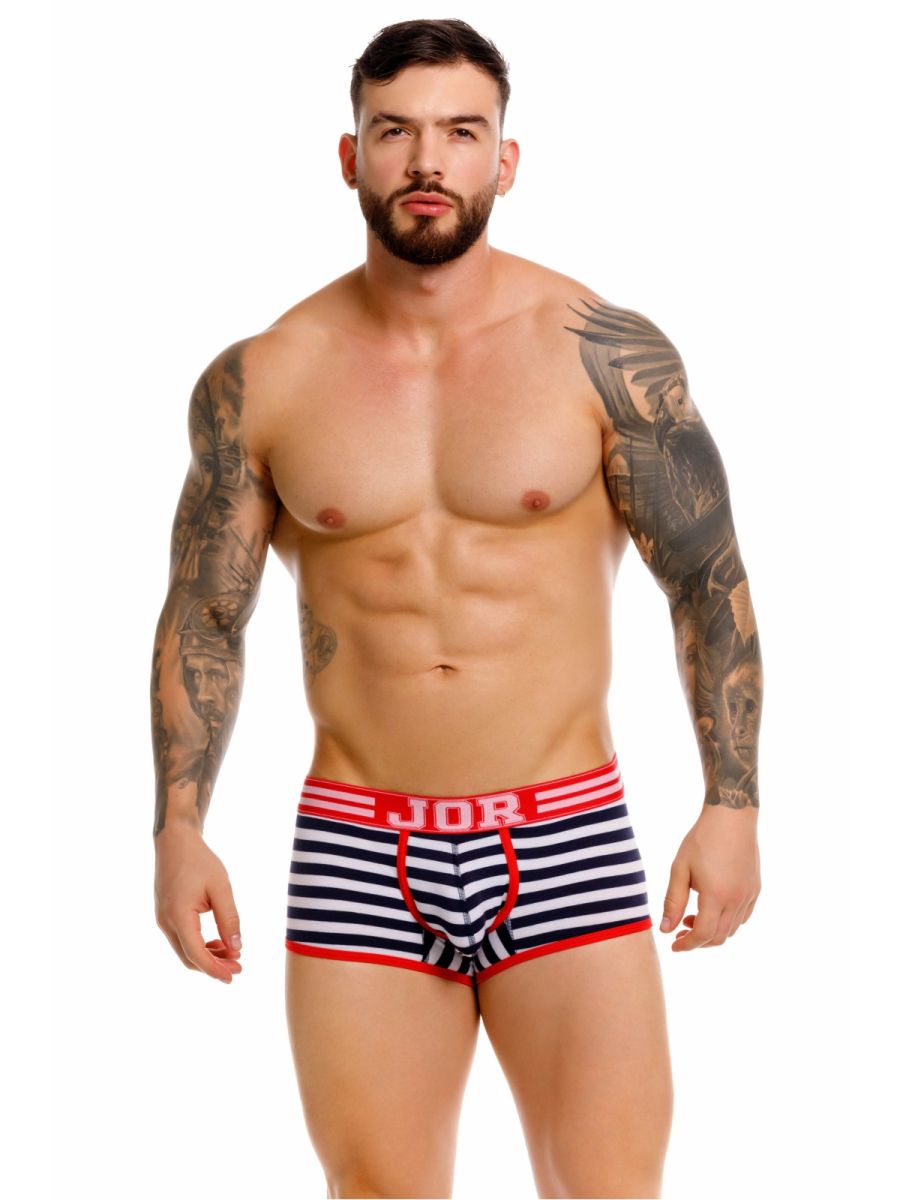 Jor 2334 Santorini trunks striped navy and white briefs with red trim and jor logo on waistband front side