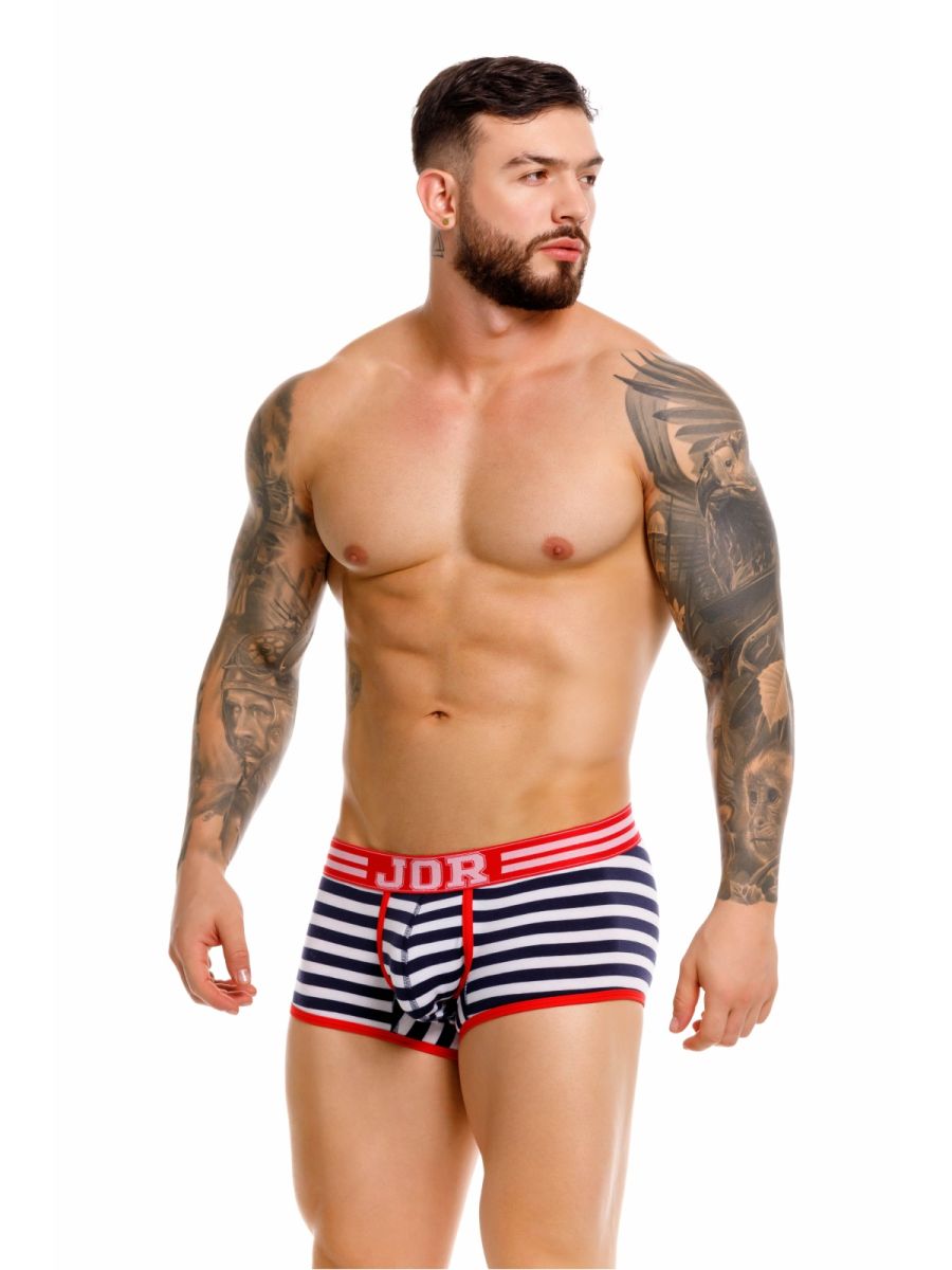 Jor 2334 santorini trunks navy and white striped boxer briefs with red trim and jor logo waistband