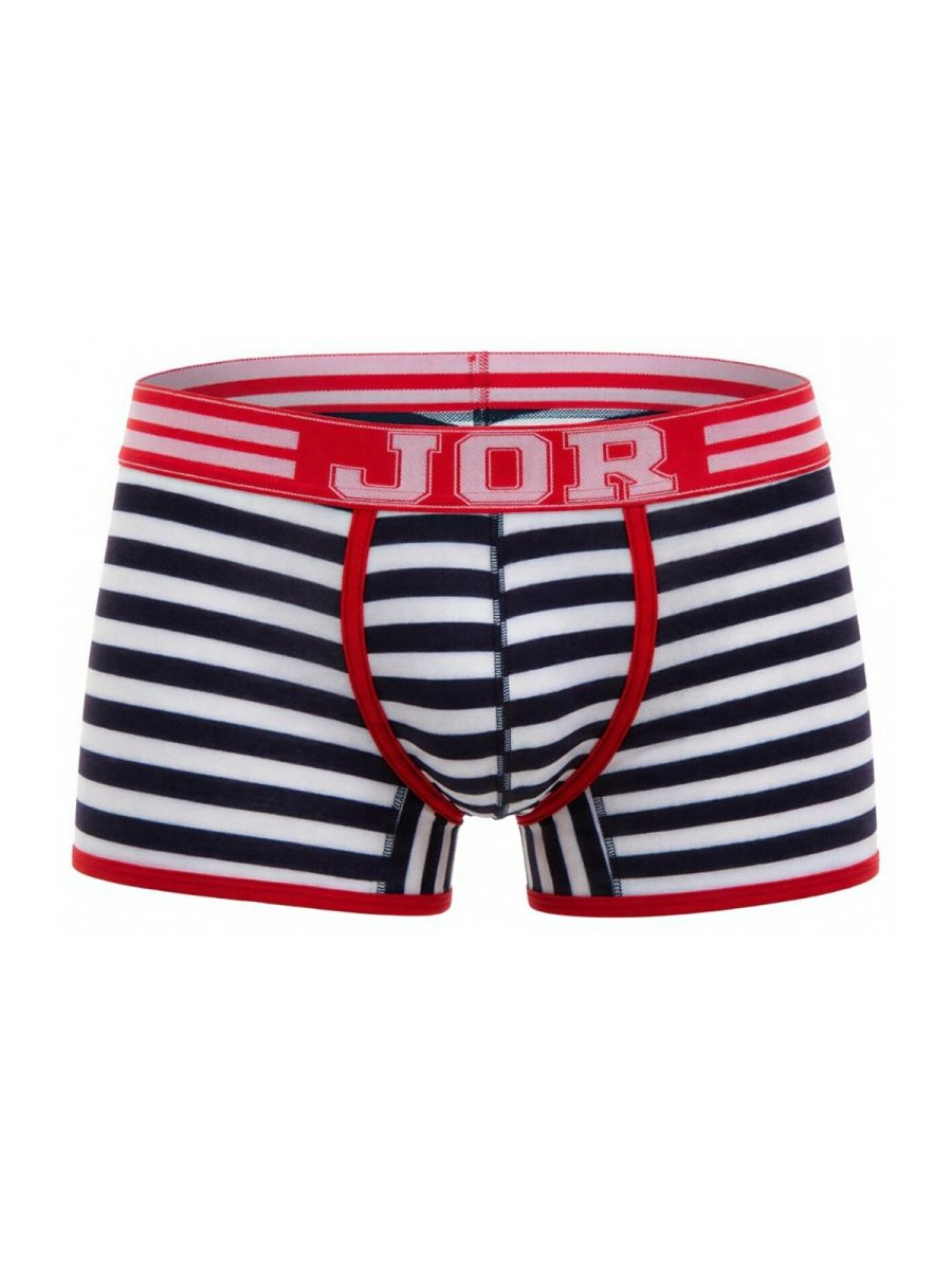 Jor 2334 santorini trunks striped navy and white men’s boxer briefs with red trim and bold jor logo waistband
