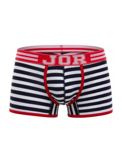 Jor 2334 santorini trunks striped navy and white men’s boxer briefs with red trim and bold jor logo waistband