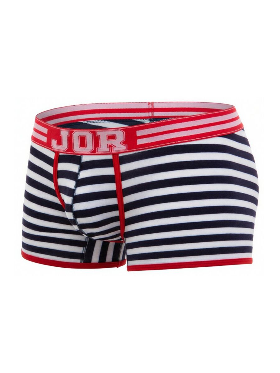 Striped men’s boxer briefs jor 2334 santorini trunks in navy white with red trim and bold jor logo waistband
