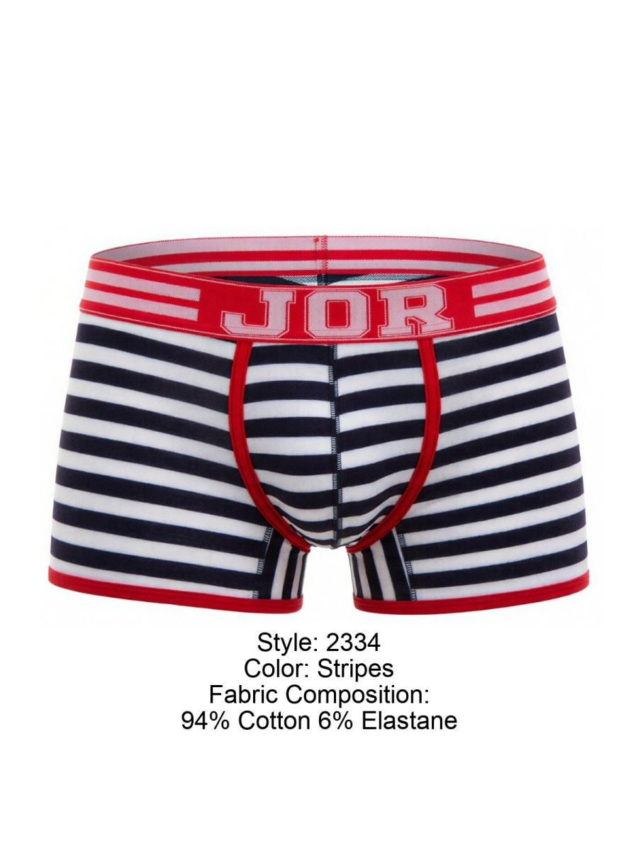 Striped men’s boxer briefs in navy and white with red trim featuring bold jor logo on waistband jor 2334 santorini trunks color stripes