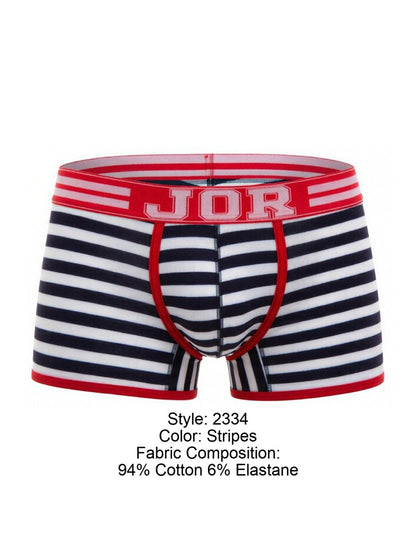 Striped men’s boxer briefs in navy and white with red trim featuring bold jor logo on waistband jor 2334 santorini trunks color stripes