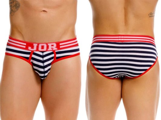 Navy and white striped jor 2335 santorini briefs with red trim and logo waistband in breathable fabric