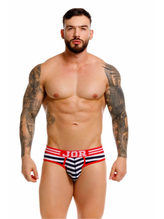 Navy and white striped jor 2335 santorini men’s briefs with red trim featuring color stripes design