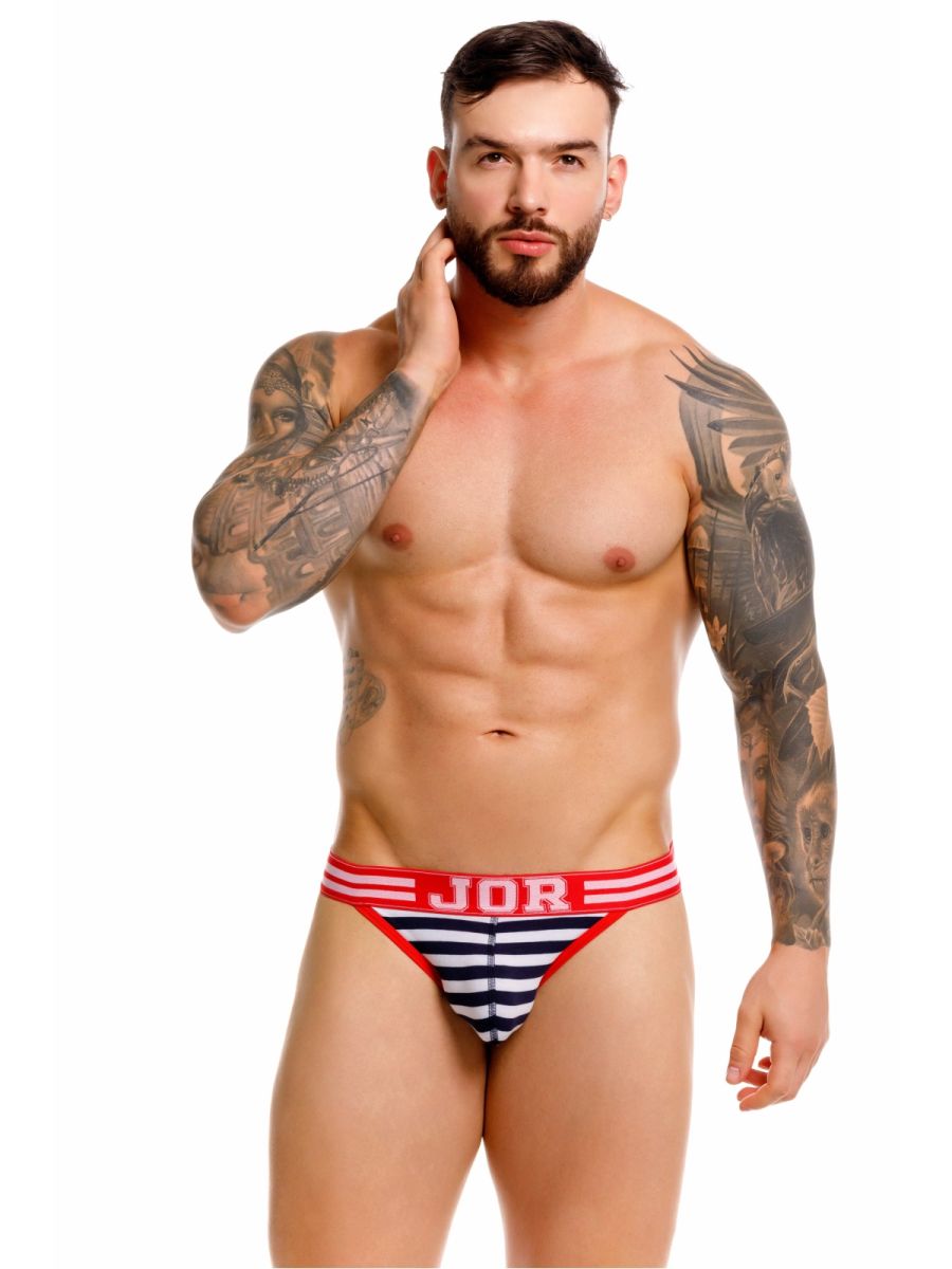 Striped navy and white briefs with red waistband featuring jor logo from jor 2337 santorini thongs color stripes