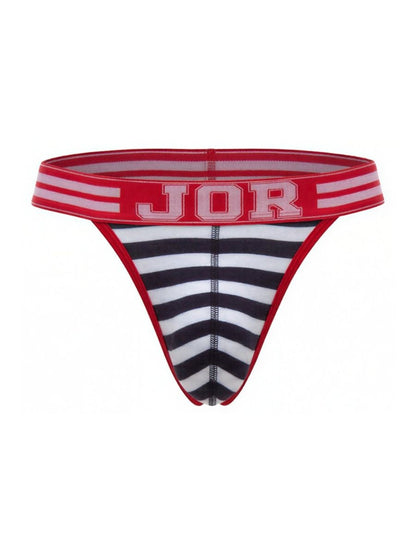 Red and white striped thong with black and white diagonal stripes and jor logo waistband from jor 2337 santorini collection