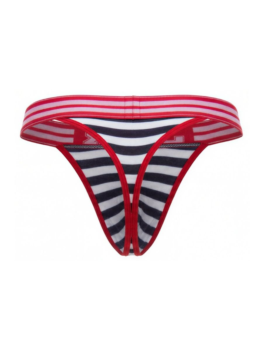 Red and white striped JOR 2337 Santorini thong with navy blue and white stripes and red elastic waistband