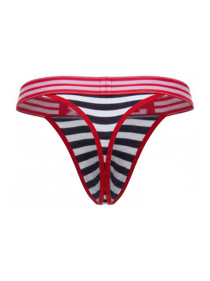 Red and white striped JOR 2337 Santorini thong with navy blue and white stripes and red elastic waistband