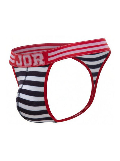 Red black and white striped jor brand men’s briefs with red elastic waistband and jor logo in santorini stripes design